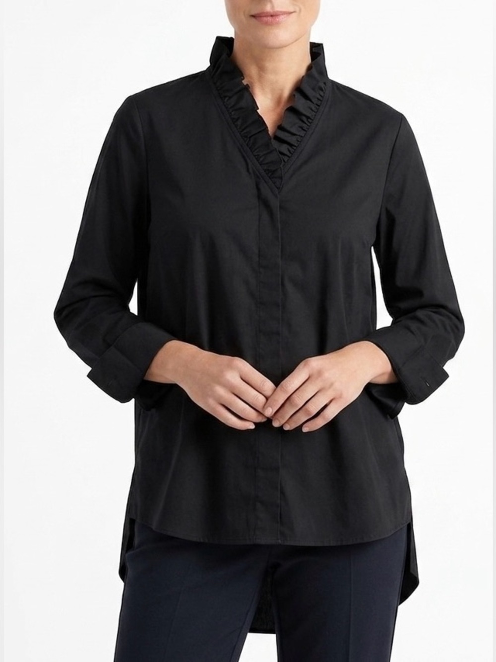 Chico's Black Ruffle V-Neck Long Sleeve Blouse